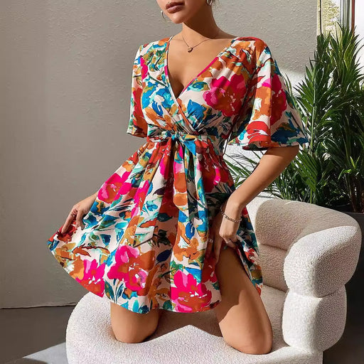 floral cross collar belted dress - MRSLM