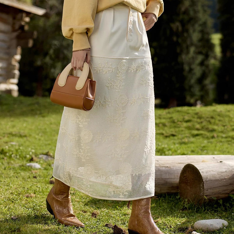 lace embroidery a-line patchwork skirt, view 2 - MRSLM