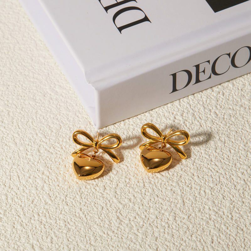 18K gold plated bow heart pendant earrings, view 7 - MRSLM