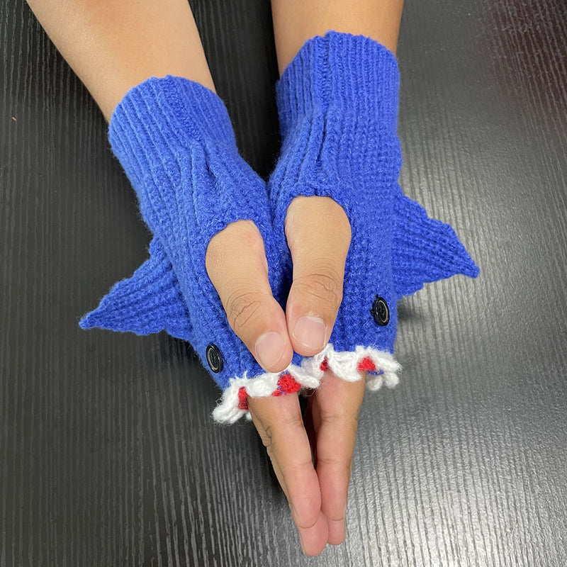 cartoon shark half finger knitted gloves, view 4 - MRSLM