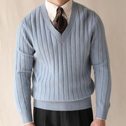 men's winter striped V-neck knit sweater, view 5 - MRSLM