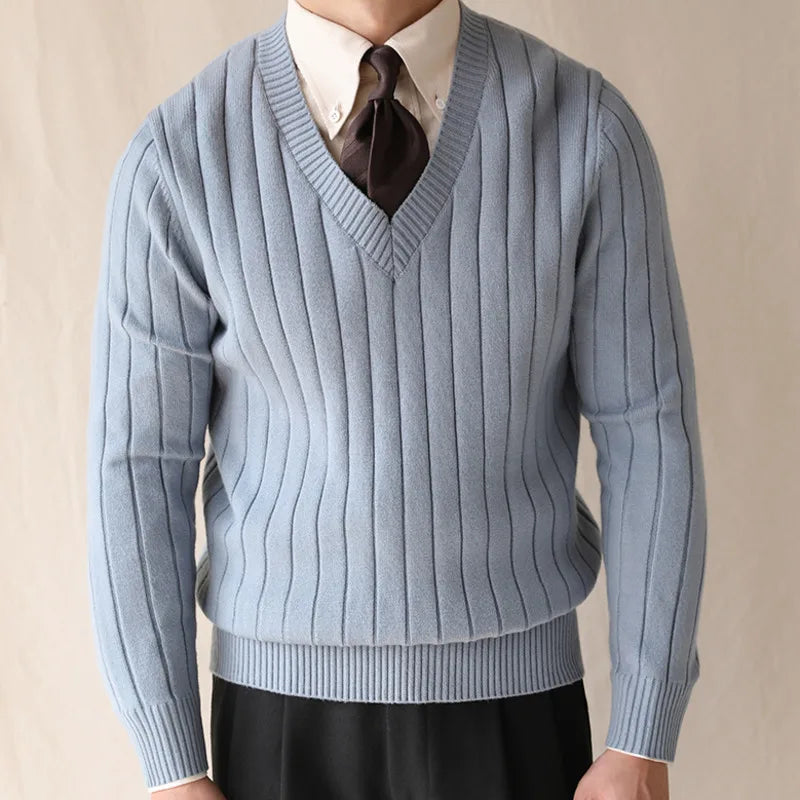 men's winter striped V-neck knit sweater, view 5 - MRSLM