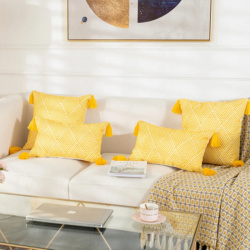 Yellow geometric embroidery cushion covers, view 4 - MRSLM
