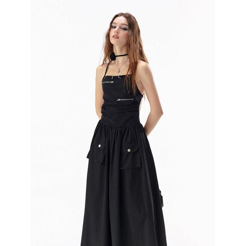 black backless bandage maxi dress with pockets, view 5 - MRSLM