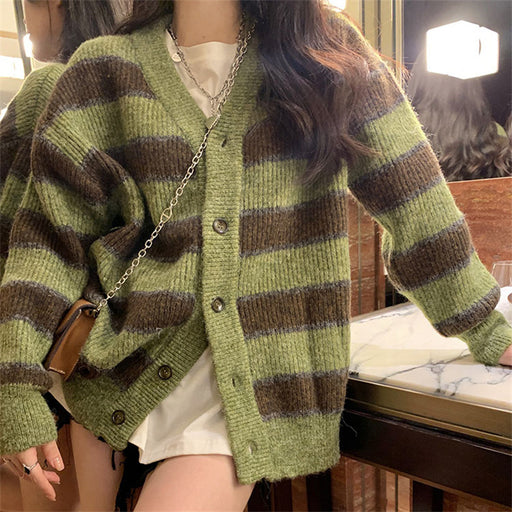 Women's green striped knit cardigan - MRSLM