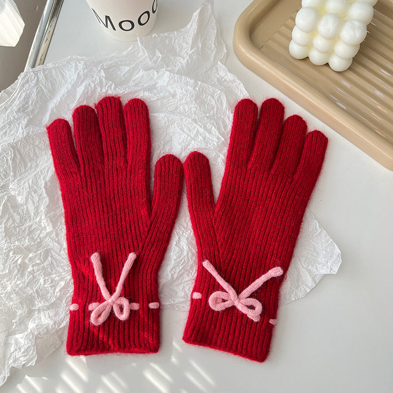 Solid-color bow warm finger gloves, view 14 - MRSLM