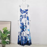 blue printed sling dress, view 3 - MRSLM