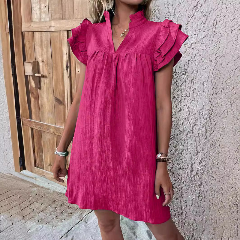 ruffle sleeve v-neck dress, view 4 - MRSLM
