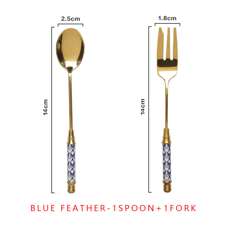vintage gold ceramic dessert fork and spoon set, view 11 - MRSLM