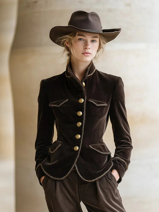 Women's velvet military-style stand-collar jacket, view 2 - MRSLM