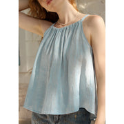 blue striped linen halter crop top, view 6 - MRSLM