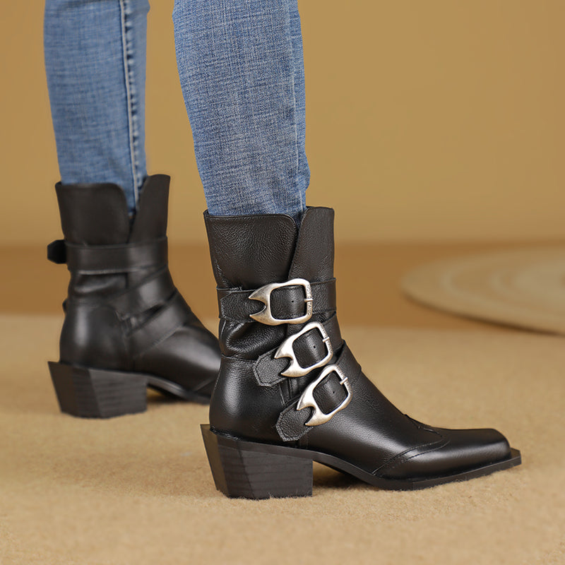 genuine leather square toe chunky heel ankle boots, view 4 - MRSLM