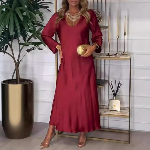 women's v-neck long sleeve solid color dress - MRSLM