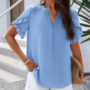 casual v-neck ruffled top, view 8 - MRSLM