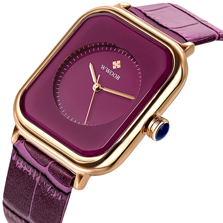 ladies square dial leather strap watch, view 3 - MRSLM