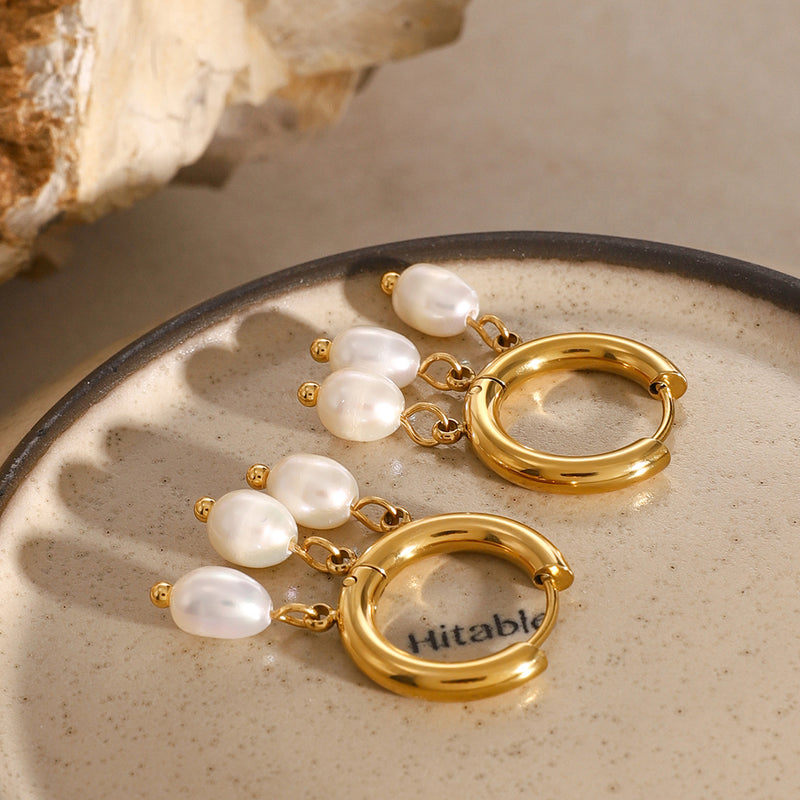 gold plated hoop earrings with freshwater pearls, view 6 - MRSLM