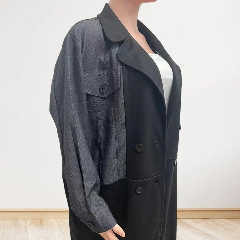 suit collar denim stitching mid-length coat, view 4 - MRSLM