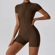 short sleeve zipper yoga bodysuit, view 4 - MRSLM