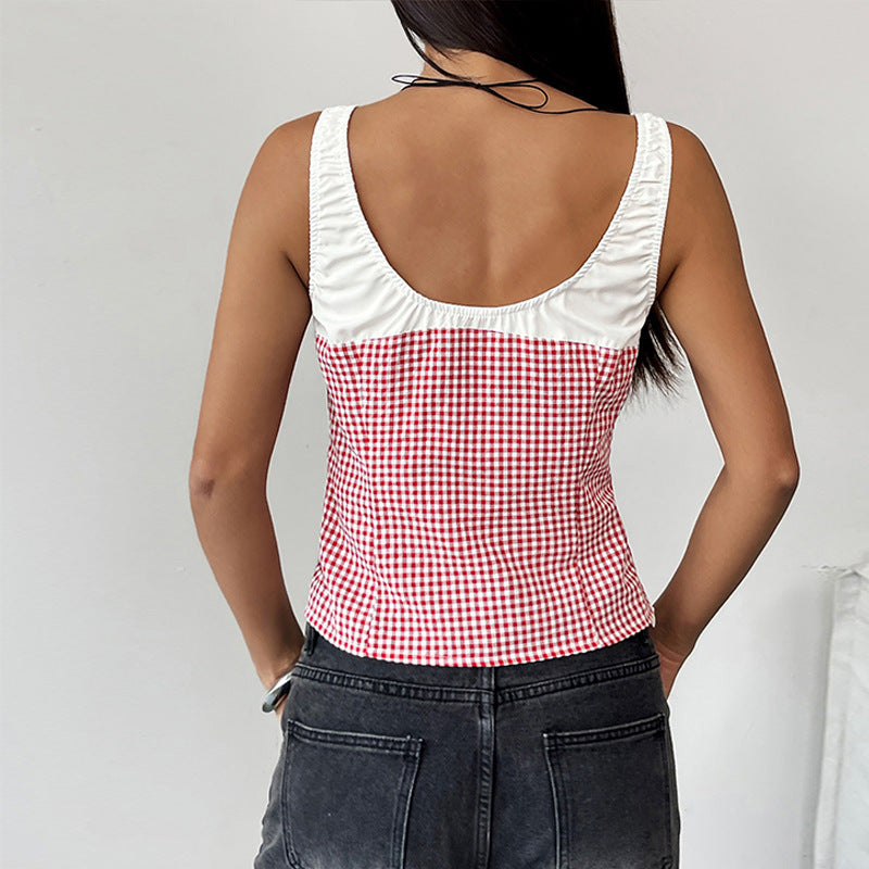 Red plaid lace stitching casual vest, view 4 - MRSLM
