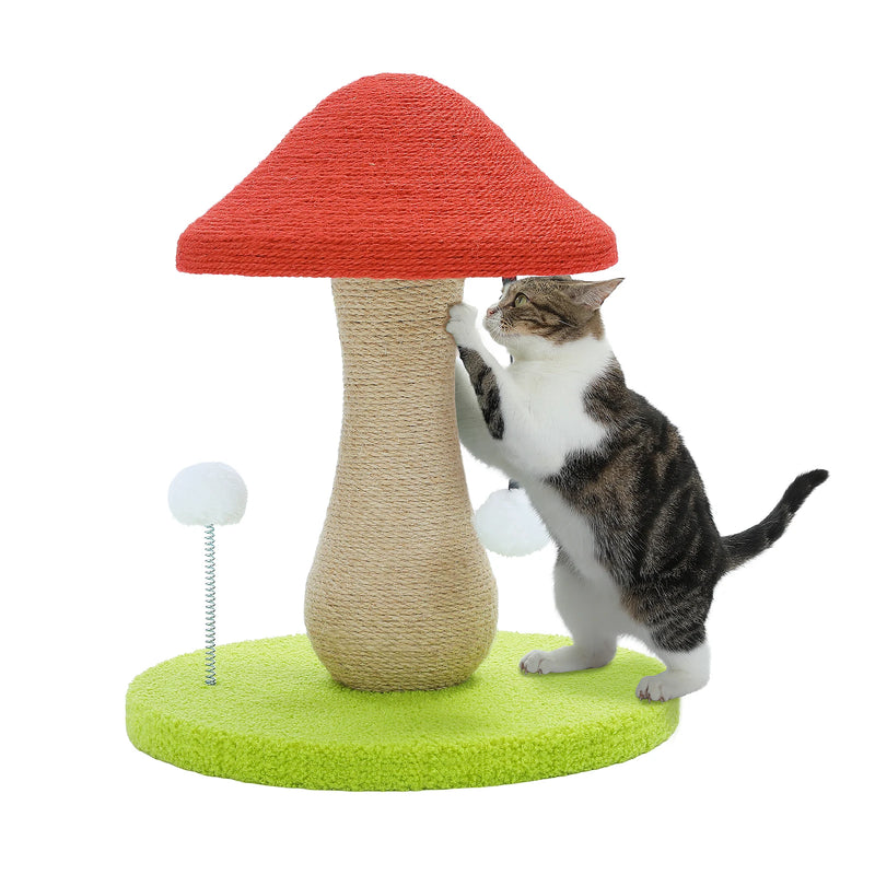 mushroom cat scratching post with sisal and pompoms, view 2 - MRSLM