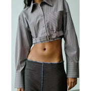 women's spliced belt long sleeve shirt, view 2 - MRSLM
