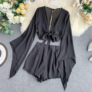 bell sleeve chiffon shirt and wide leg shorts set, view 2 - MRSLM
