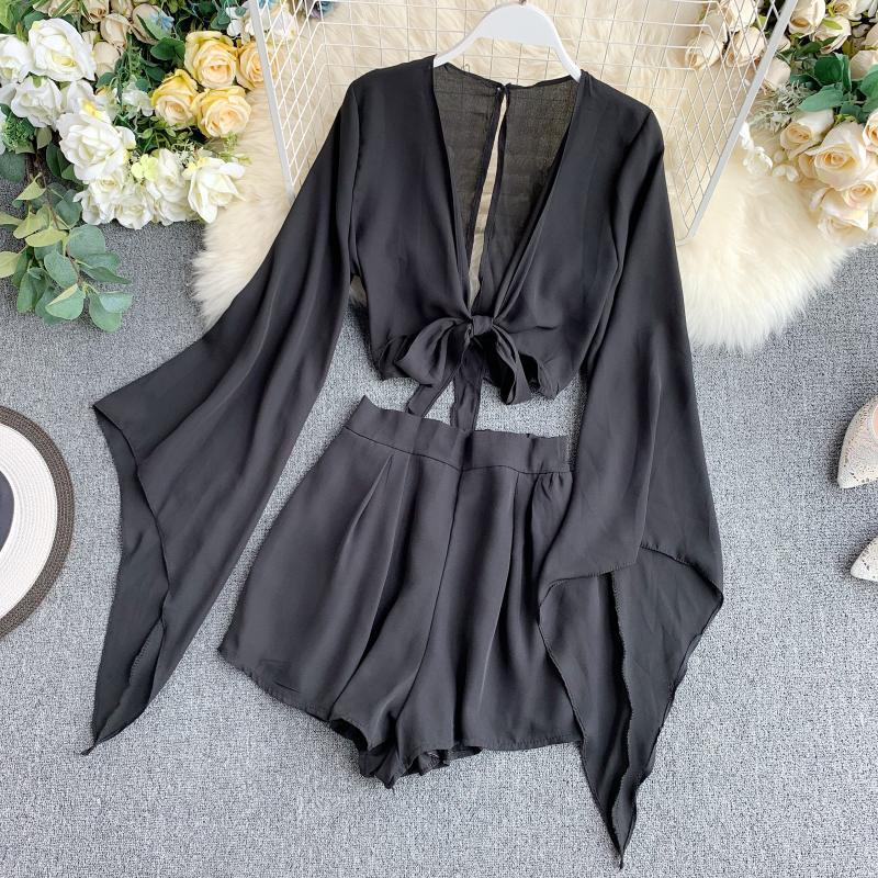 bell sleeve chiffon shirt and wide leg shorts set, view 2 - MRSLM