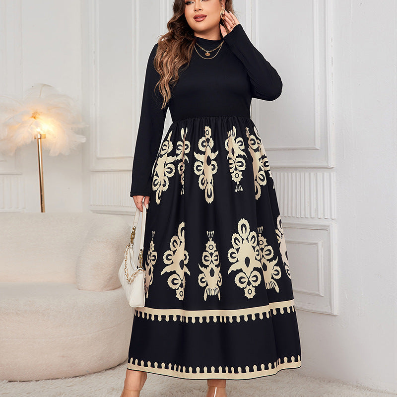 Printed plus size loose long sleeve dress, view 6 - MRSLM