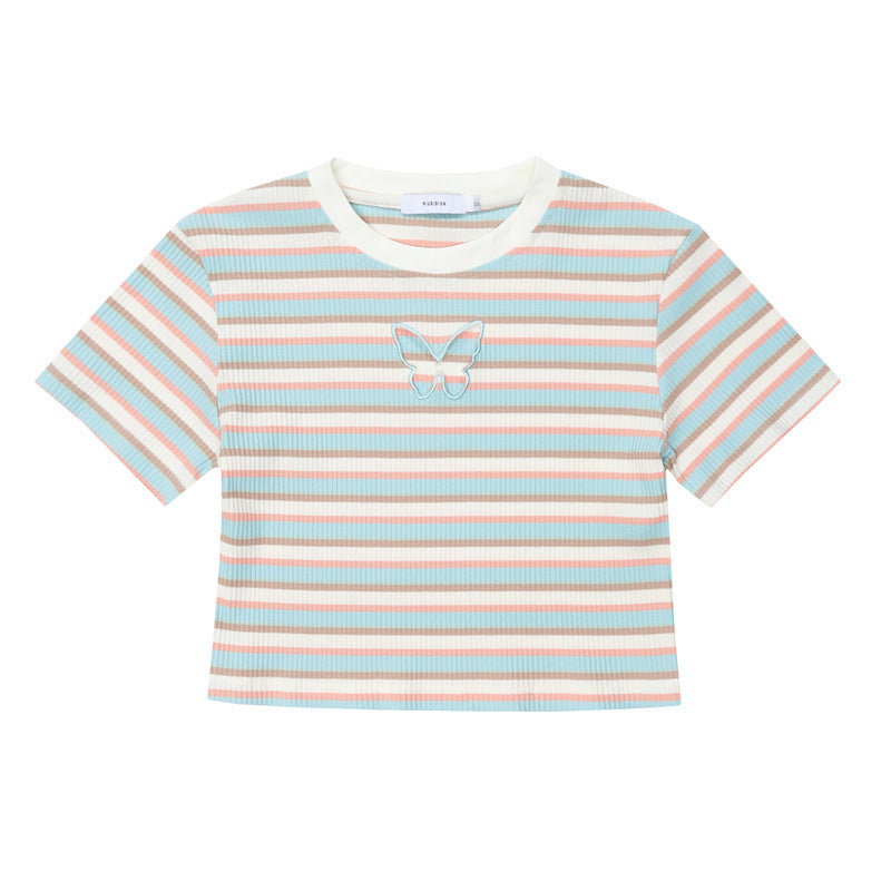 striped butterfly embroidered crop t-shirt, view 8 - MRSLM