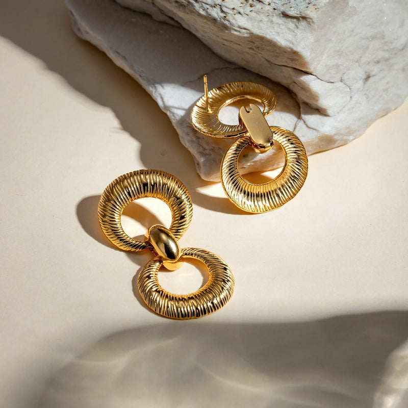 18k gold plated double loop textured earrings, view 5 - MRSLM