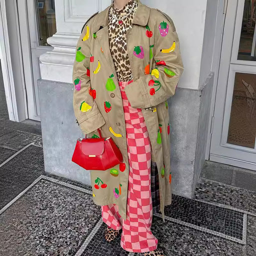 khaki fruit printed lapel coat - MRSLM