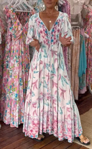 loose deep V puff sleeve long dress, view 6 - MRSLM