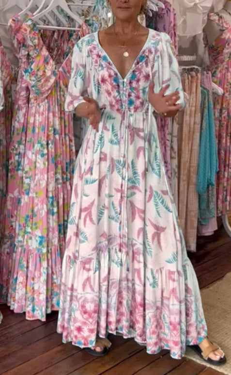 loose deep V puff sleeve long dress, view 6 - MRSLM