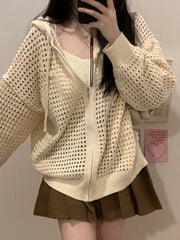 women's hollow-out hooded knit cardigan, view 9 - MRSLM
