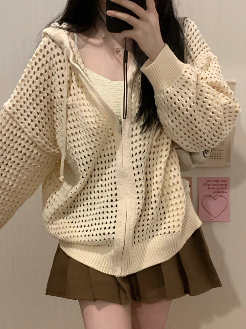 women's hollow-out hooded knit cardigan, view 9 - MRSLM