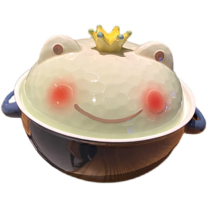 ceramic frog instant noodle bowl with lid, view 5 - MRSLM