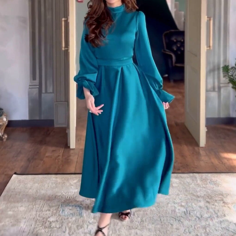 elegant ruffled long sleeve dress, view 3 - MRSLM