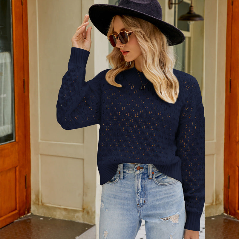 women's loose round neck pullover sweater, view 3 - MRSLM