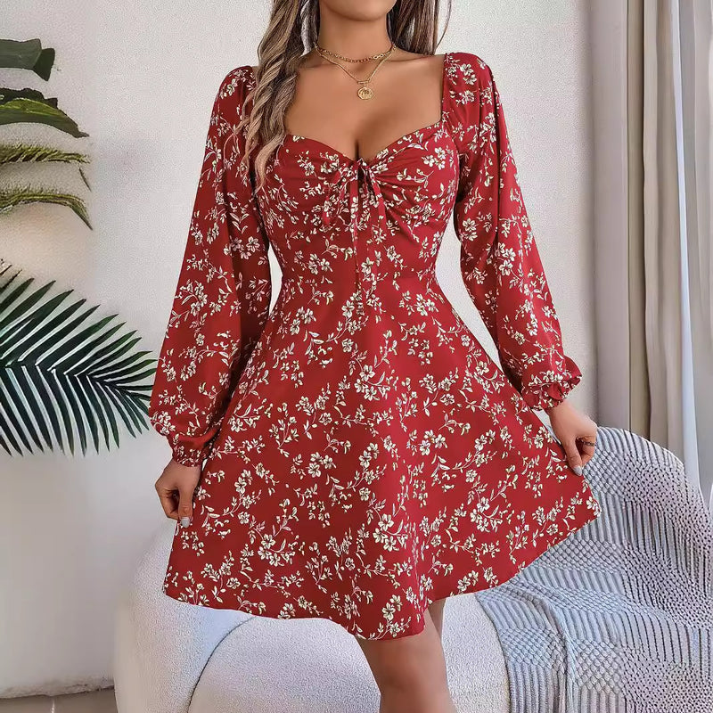 floral lace-up square collar long sleeve dress, view 2 - MRSLM