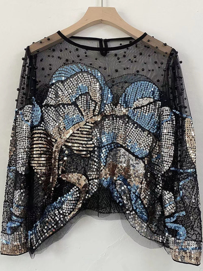 beaded sequin mesh top, view 2 - MRSLM