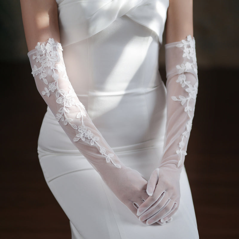 ivory white mesh long gloves, view 6 - MRSLM