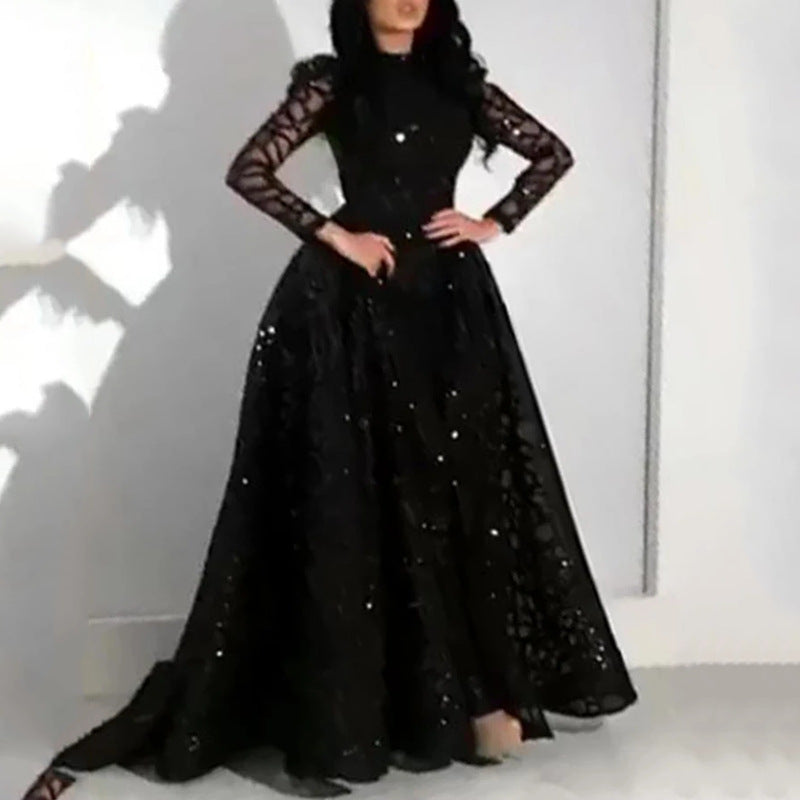 Women's long sleeve black dress, view 2 - MRSLM