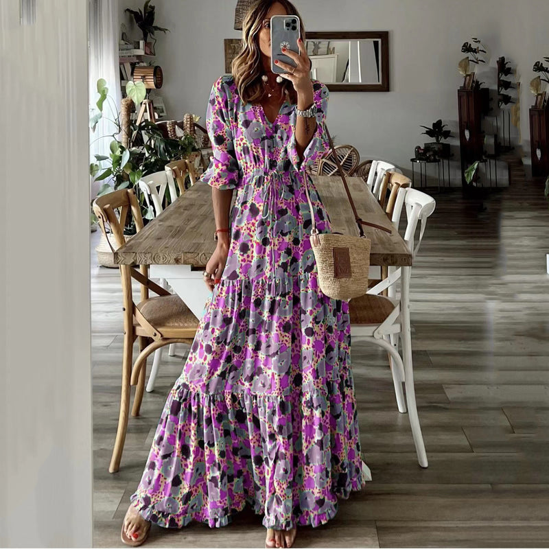 women's v-neck printed swing long dress, view 7 - MRSLM