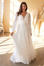 long sleeve chiffon deep V dress, view 6 - MRSLM