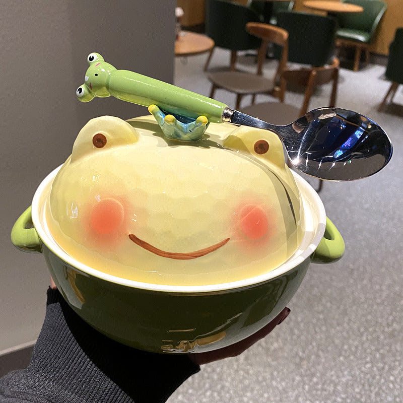 ceramic frog instant noodle bowl with lid, view 2 - MRSLM