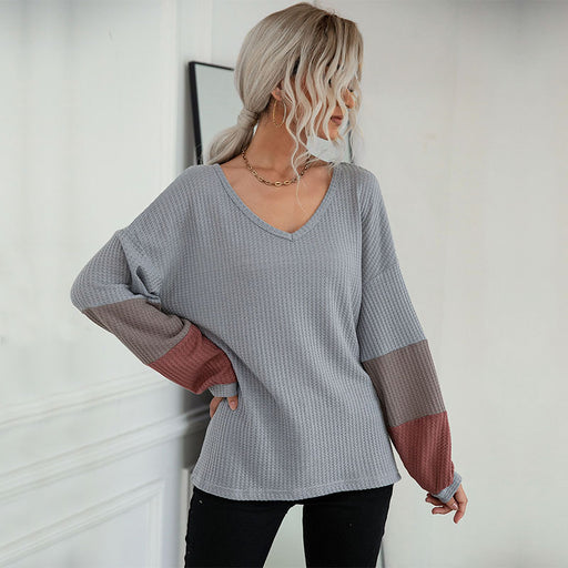 color block waffle v-neck knit pullover - MRSLM
