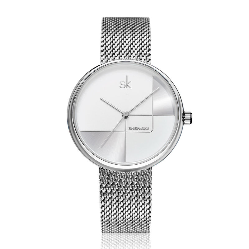 Women's geometric quartz watch with mesh strap, view 4 - MRSLM