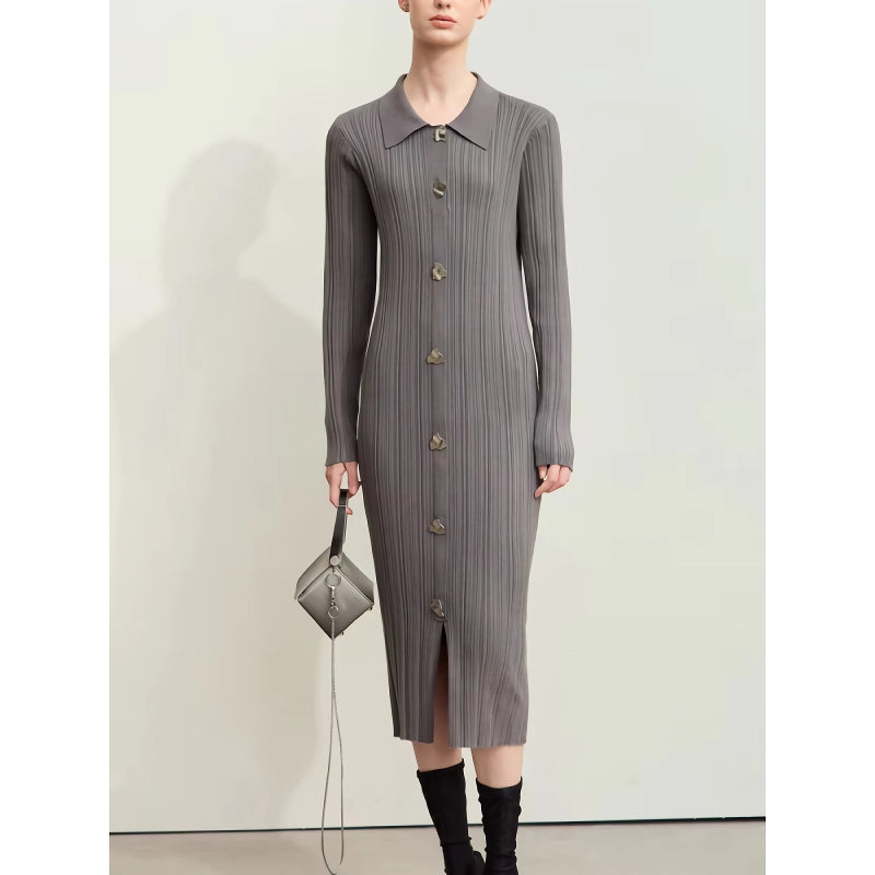retro lapel knitted dress with metal buckle, view 2 - MRSLM