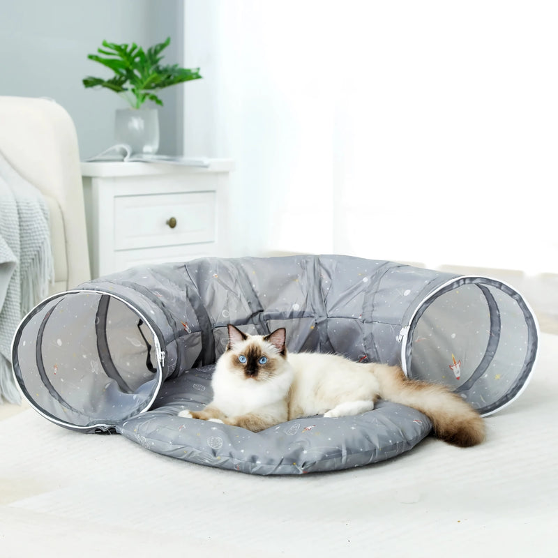collapsible cat tunnel toy with mat, view 4 - MRSLM