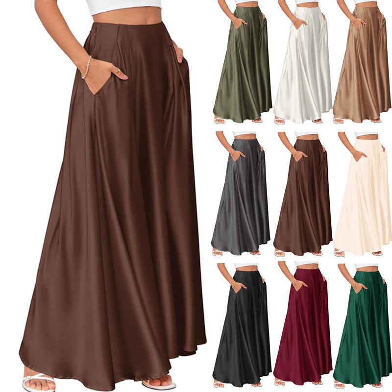 Women's satin A-line midi skirt with pockets - MRSLM